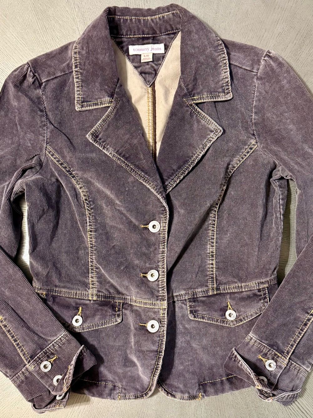 VNTG Women’s Tommy Jeans Faded Charcoal Corduroy Fitted Blazer Jacket 2005